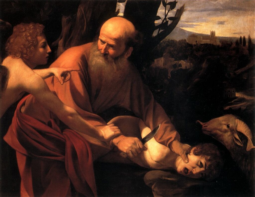 A painting of Abraham about to sacrifice his son Isaac. An angel is stopping his hand.