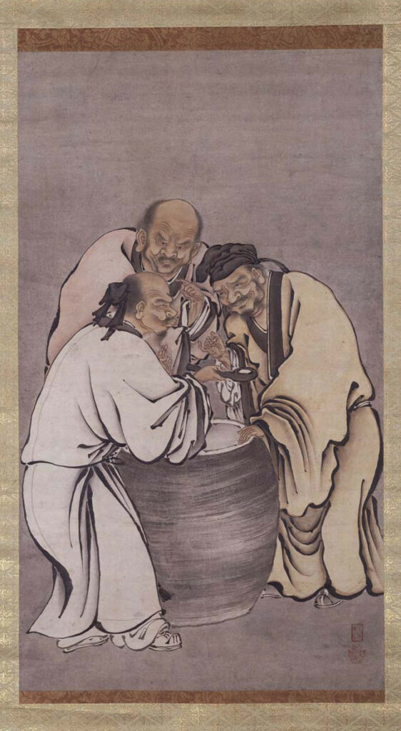 A painting of Confucius, the Buddha and Lao-Tzu standing around a barrel of vinegar.