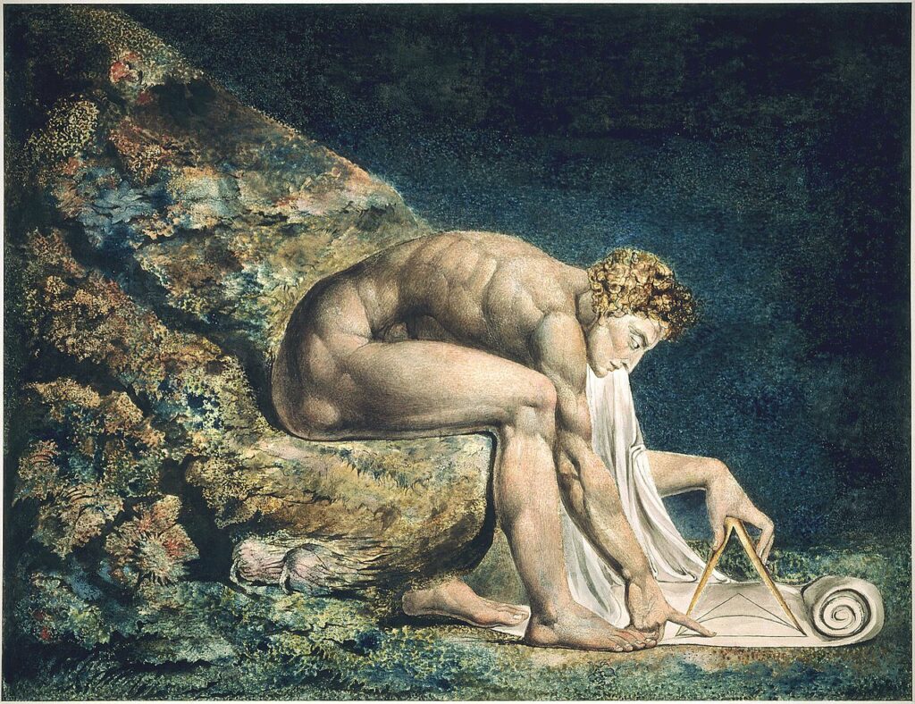 A painting of Newton sitting and working on geometric figures while the grandeur of nature swirls behind him.