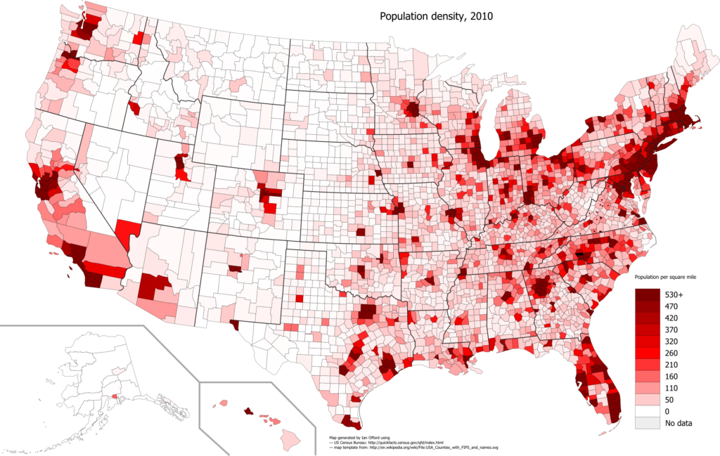 Map showing the population density of the United States.