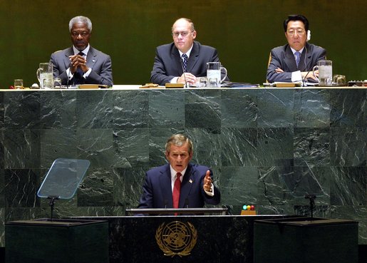 George W. Bush addressed the General Assembly of the United Nations, up left - Koffi Annan, up center - Jan Kavan